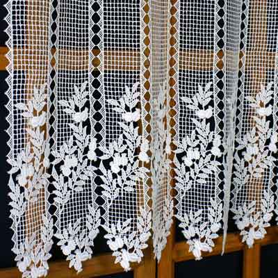White macrame lace cafe curtain