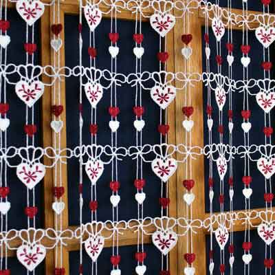 Red heart macrame cafe curtain