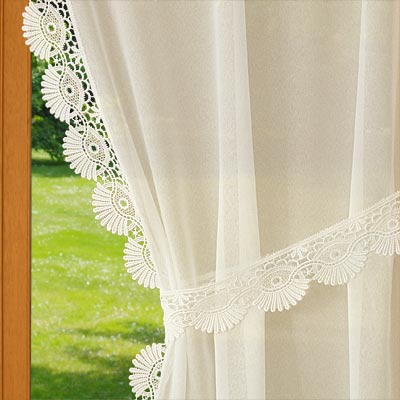 Large ecru lace trimmed curtain