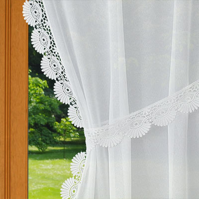 Large lace trimmed curtain in white