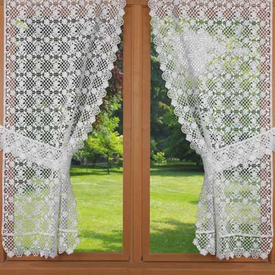 Macrame lace trimmed curtain