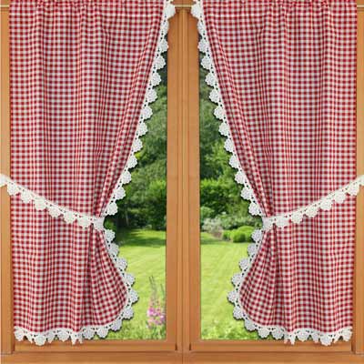 Lace trimmed gingham kitchen curtain