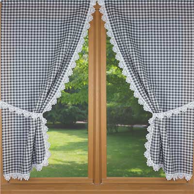 Pair trimmed grey gingham curtain