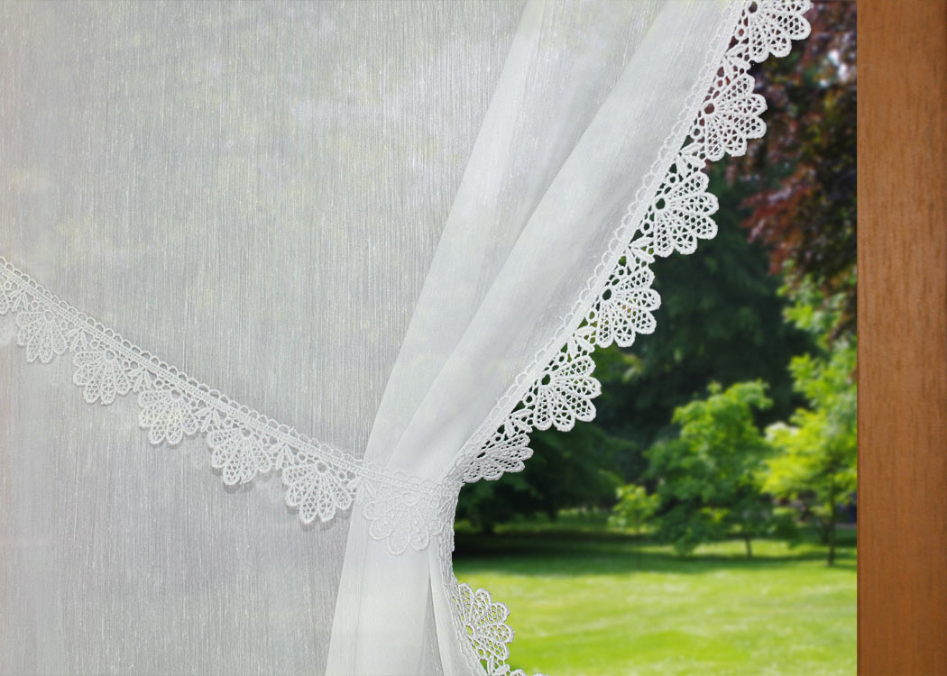 Macrame lace trimmed curtain