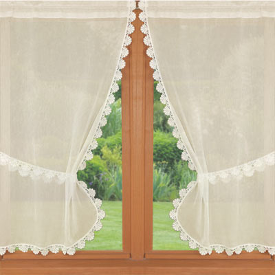 Pair or triple lace trimmed curtain in ecru