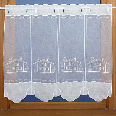 Cafe curtain with embroidered cottage