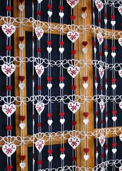 Red heart macrame lace curtain